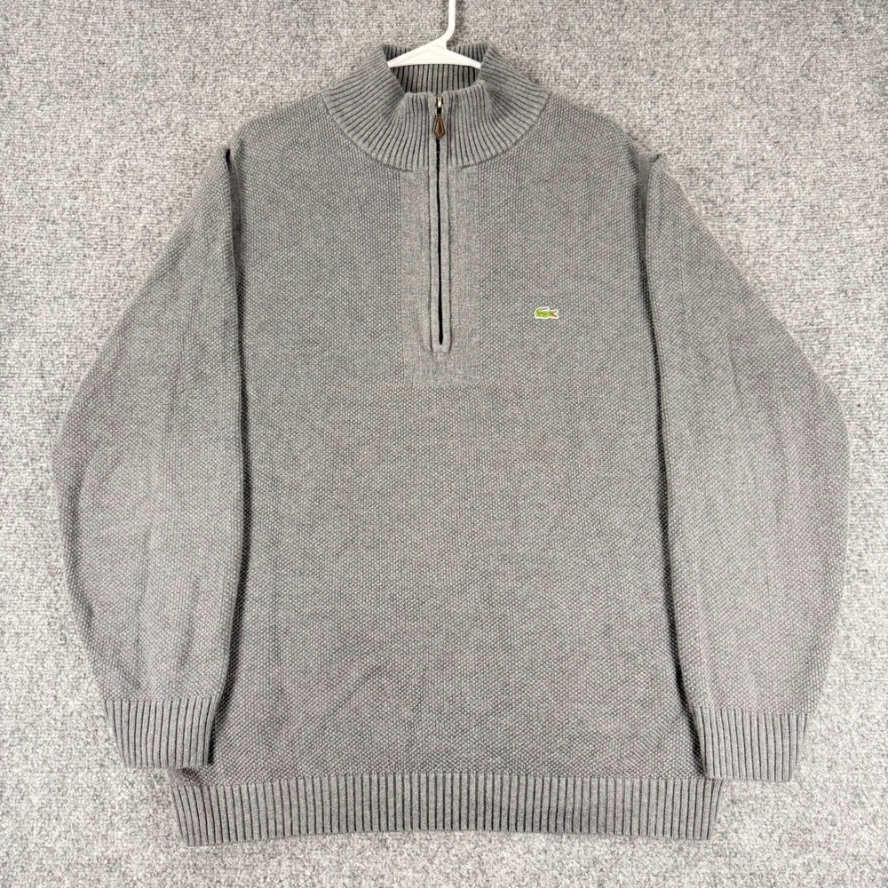 Vintage Lacoste Quarter Zip Sweater Mens XL Gray Cotton Textured Knit Pullover